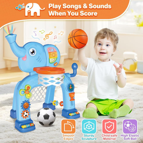 1 2 3 SpringFlower Toddler Basketball Hoop & Soccer Goal Activity Center Toys with Light & Music,Elephant Toddlers