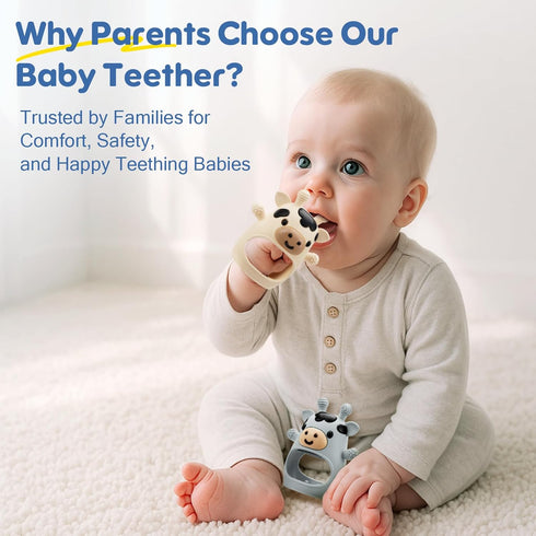2 Packs 0-6 6-12 TOHIBEE Baby Teething Toys for Months, Food Grade Silicone Adjustable Cow Teething Mitten, Chew