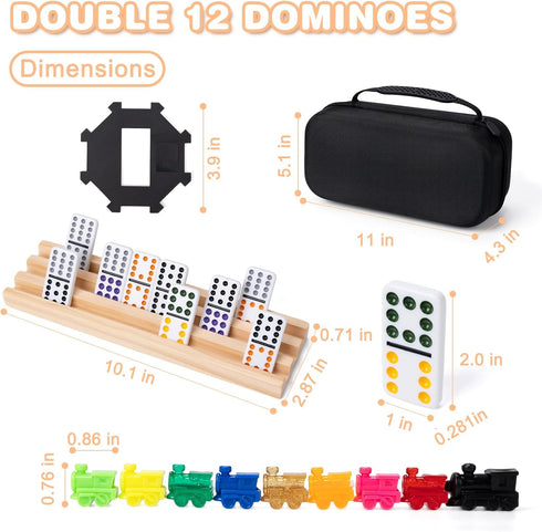 12 Set 91 4 Mexican Train Double Dominoes - Tiles with Wooden Trays & Travel Case, Family Board Game for Adults Kids