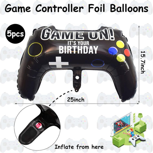 5 Pieces Video Game Party Balloons, Giant Controller Mylar Foil Balloons for Kids Boys Fortnite Birthday Party