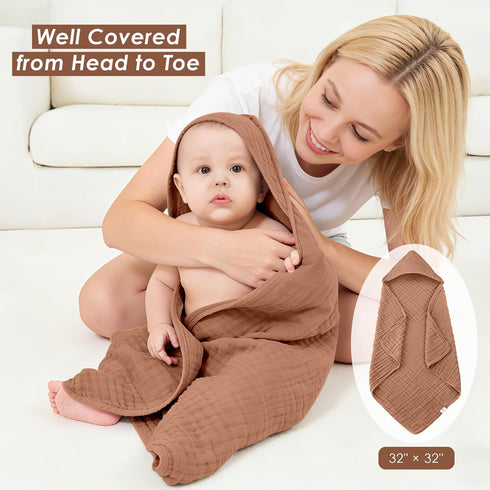 Ease Cubs 3-Pack 100% Series,32" 32") Muslin Hooded Baby Towels, Cotton, Ultra-Soft & Absorbent Baby Bath Towels