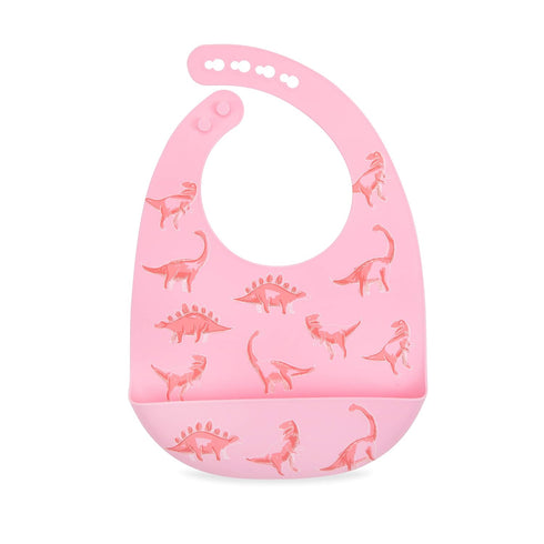 2 Pack Nuby Adjustable Easy Clean Soft Silicone Bibs with Scoop, Pink Dinosaurs & Flowers