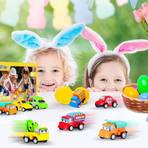 MGparty 12 Pack Prefilled Easter Eggs with Car Toys for Kids Toddlers Bulk Plastic Eggs Pull Back City Truck Vehicles
