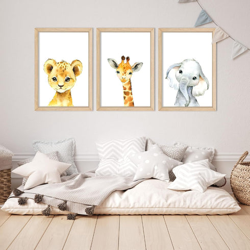 YWJKWLGS Set 3, 11x16 Inch Safari Nursery Wall Art of Natural Wood Framed Watercolor Animal Print, Giraffe Lion