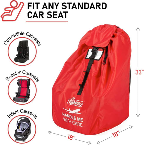 33 18 18 KiddiGo Car Seat Travel Bag for Airplane, Red, H x W x D, Fits Most Standard Convertible, Booster & Infant Car