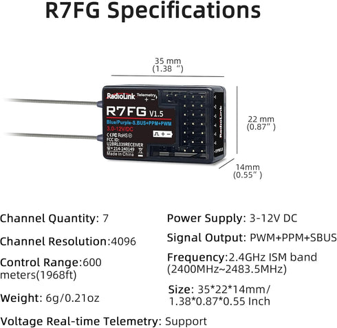 R7FG 7 2.4Gh RC8X/RC4GS V3/RC6GS V3/T8S/T8FB Radiolink Channels RC Gyro Receiver, Voltage Telemetry Long Range Control