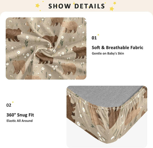 miaozhen 1 Pack 52x28 Cotton Crib Sheets for Baby Boys Girls Comfy Breathable Naughty Grassland Brown Bear Playard