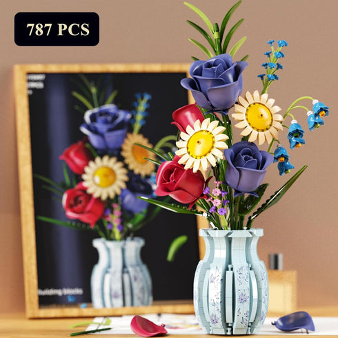 QARULUS Set,787 Roses Flower Bouquet Building Pcs Artificial Flower Kit with Vase,Plant Bonsai Tree Building
