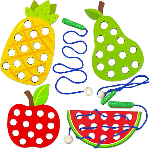 4 Pack Wooden Lacing Toy, Educational Threading Activity Puzzles for Toddlers Kids, Wooden Fruit Threading Set