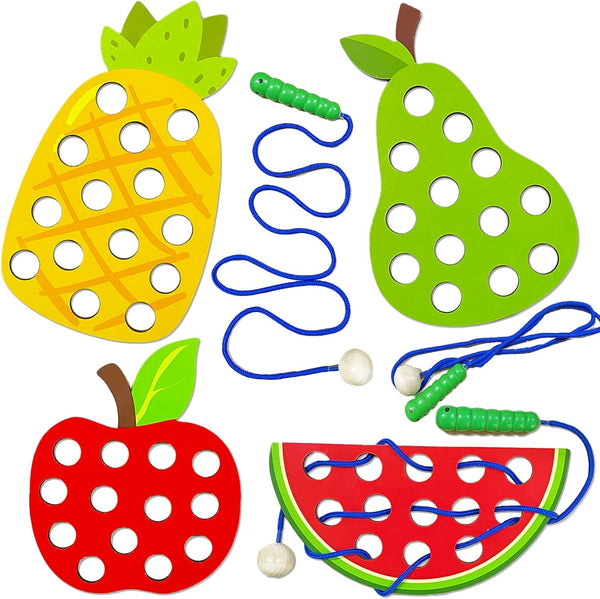 4 Pack Wooden Lacing Toy, Educational Threading Activity Puzzles for Toddlers Kids, Wooden Fruit Threading Set