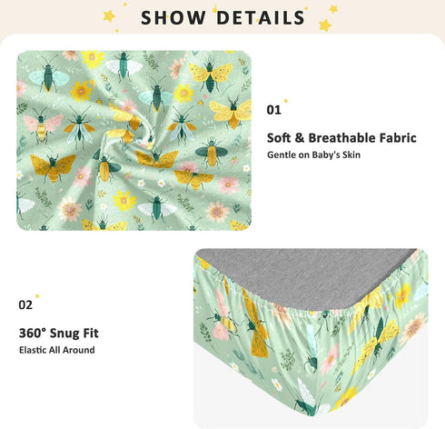 miaozhen 1 Pack 52x28 Cotton Baby Crib Sheets for Boys Girls Ultra Soft Funny Grassland Insect Spring Green Playard