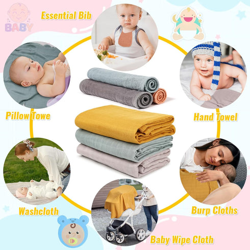 Sublaga 3Pcs 47x47 3Pcs 20x10 Baby Muslin Swaddle Blankets for Boys Girls + Muslin Baby Burp Cloths, Baby Swaddle