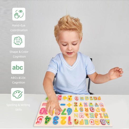Wooden Alphabet Number Shape Learning Puzzles for Toddlers, 3 in 1 ABC Letter Puzzle Board Set for Ages 3-5 Educational