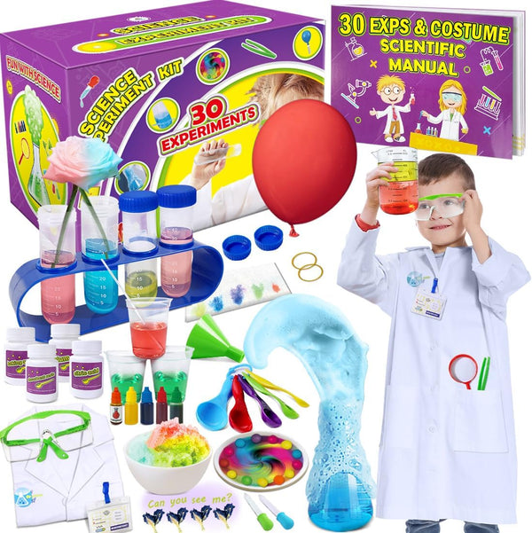 UNGLINGA 30 Experiments Science Kit for Kids, Chemistry Set with Lab Coat for STEM Learning and Role Play