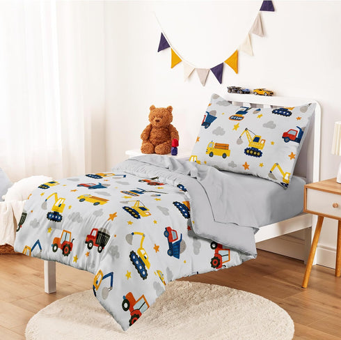 Set 4 Set Wake In Cloud - Toddler Bedding for Boys, Construction Car Excavator Truck, Pieces Soft Crib Bed Including