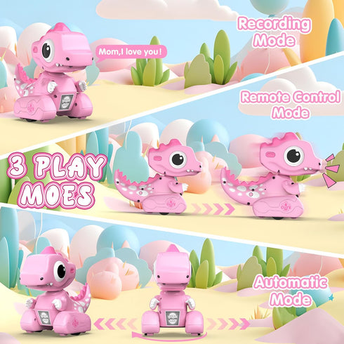2.4GHZ 3-5, Remote Control Car, Remote Control Pink Dinosaur Toys for Kids Recording and Repeating LED Lights Eyes