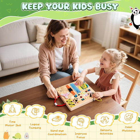 3+ MoKo Montessori Busy Board Toys for Years Old Wooden Sensory Toys Board with LED Light Up Switch, Locks, Zippers