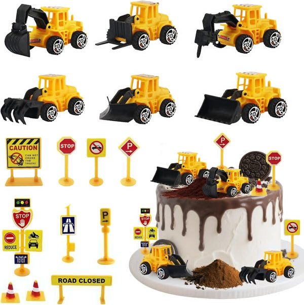 ZWLIYCHN Mini Construction Vehicles Cake Topper 16pcs Truck Excavator Traffic Road Sign Cake
