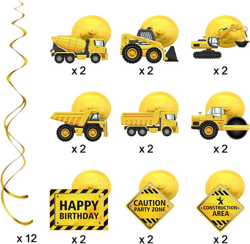 Blulu 30 Pieces Construction Zone Birthday Party Supplies Hanging Swirl Decorations, Traffic Theme Streamers for Kids