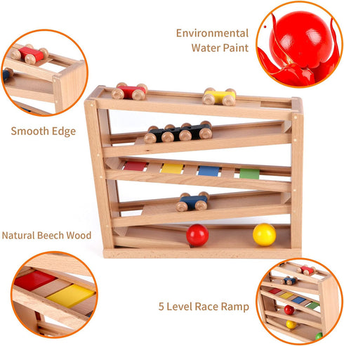 Qilay Wooden Race Track Car Ramp Racer Toy for Toddlers, 5 Level Race Car Ramp Set with 4 Wood Cars and 3 Balls, Great