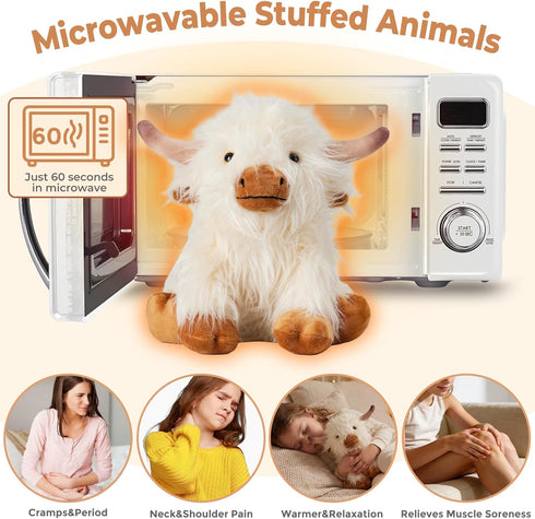 LURKOMEMO White Highland Cow Microwavable Weighted Stuffed Animals,Lavender Scented Heating Pad for Period