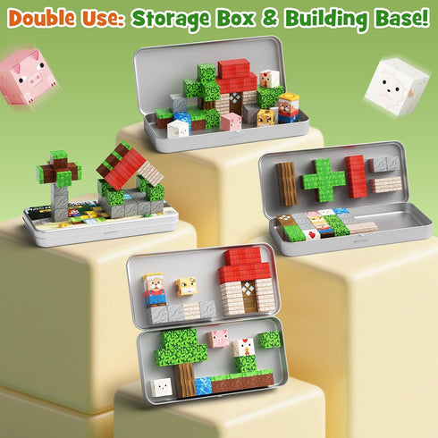 35PCS 4-8, Mini Magnetic Blocks Farm Animals Travel Toys, Portable STEM Magnetic Building Cubes with Metal Storage Box