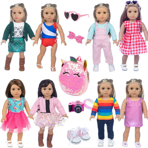 ebuddy 8 Sets Doll Clothes and Accessories with Shoes, Backpack, Glasses, Camera for 18 Inch Girl Doll (Doll not