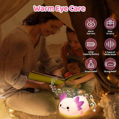 4 Dimmable Mewaii Huggwaii Squishy Axolotl Night Light for Kids, Soothing White Noise Sounds, Silicone Axolotl Lamp