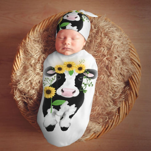 Set Ornate Cow in Sunflowers Newborn Swaddle Blanket with Beanie Soft Baby Sleep Sack Stretch Adjustable Swaddle Wraps
