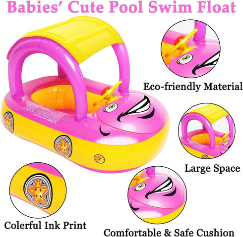 iGeeKid Inflatable Baby Pool Float with Canopy, Safe Seat for Infant Swim Float Rings (Pink)
