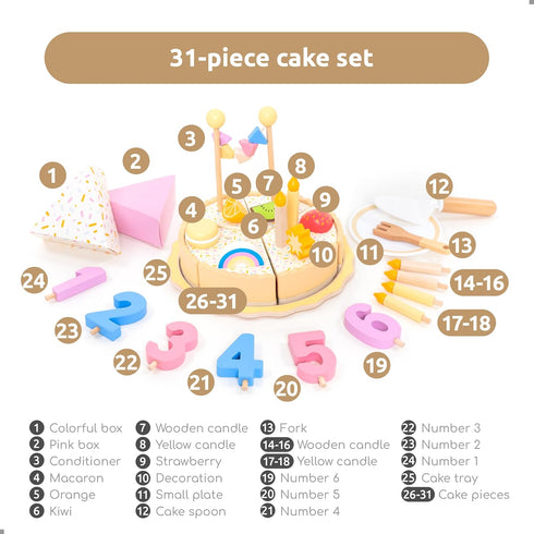 Playset 3 4 5 UMU Wooden Birthday Cake Pretend Kitchen Toy with Candles Numbers Fruits & Toppings Wooden Play Food