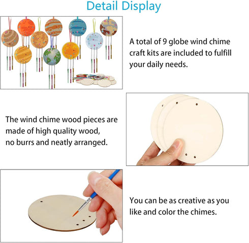 9 Pack Wind Chime Kit for Kids, DIY Paint Wooden Art and Craft for Girls and Boys Birthday Party Supplies