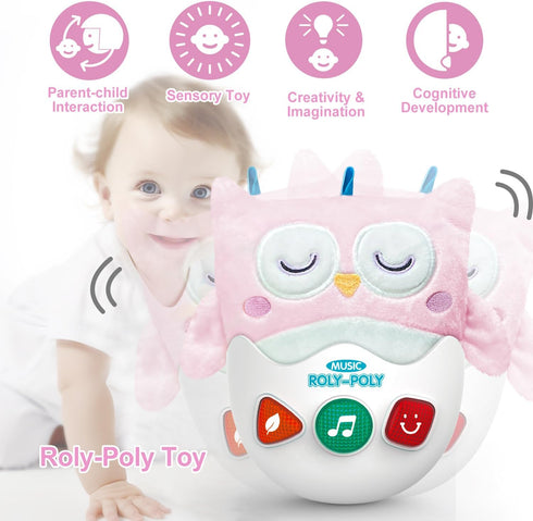 0-6-12 Baby Toys Months, Plush Owl Stuffed Animal Musical Toys with Light & Sounds, Infant Roly-Poly Sensory Toy, Baby