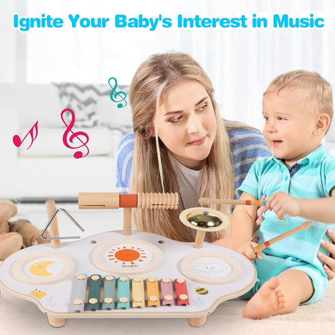 Kids Drum Set - 9 in 1 Baby Drum Set for Toddlers, Montessori Musical Instruments Toy, Wooden Xylophone for Boys & Girls