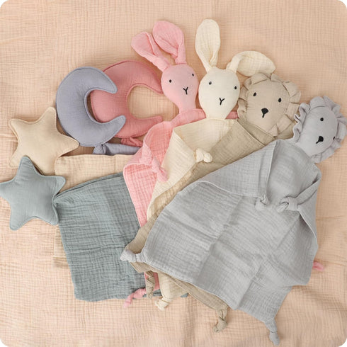 Organic Cotton Bunny & Lion Loveys, Soft Breathable Newborn Security Blanket, Neutral Muslin Fabric, Perfect Present