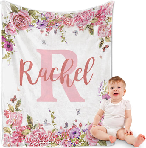 Yoke Style Personalized Flannel Swaddle Blanket for Girls, 32x48 inches, Custom Baby