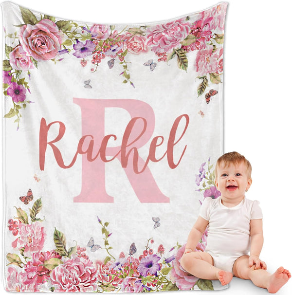 Yoke Style Personalized Flannel Swaddle Blanket for Girls, 32x48 inches, Custom Baby