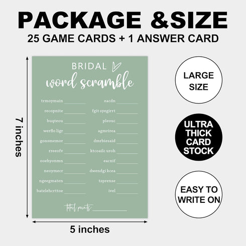 Green Theme Bridal Shower Games for 25 Guests, Bridal Word Scramble with Answer Card, Wedding Reception Party Supplies