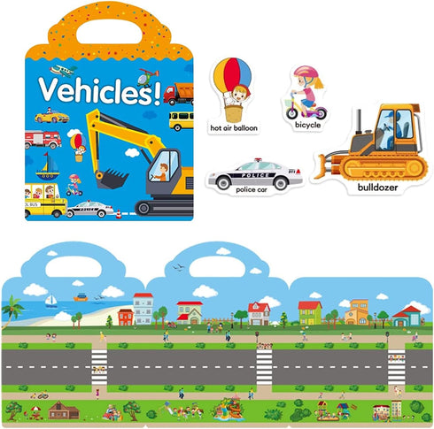 Reusable Sticker Book for Kids 2-4, 2 Sets Vehicle & Dinosaur Sticker Busy Book, Educational Learning Toys for Toddler