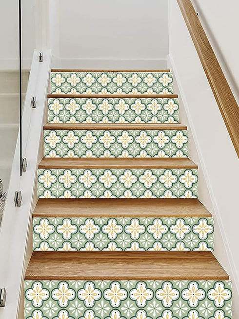 6 Stripes Self-Adhesive Stair Decals, Green Four Leaf Flower, 39.37"x7.09" Peel and Stick Vinyl Stickers for DIY Home