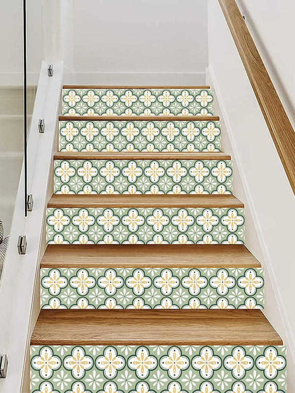6 Stripes Self-Adhesive Stair Decals, Green Four Leaf Flower, 39.37"x7.09" Peel and Stick Vinyl Stickers for DIY Home