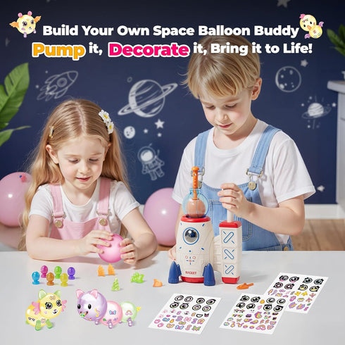 PINSHILE 3+ DIY Space Magic Balloon Craft Kit, Sticker Decorated Balloons Toy for Kids, Rocket Air Pump Fun