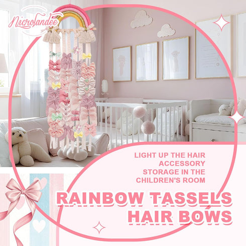 NICROLANDEE Rainbow Tassels Hair Bows Holder, Baby Hair Accessories Storage Organizer for Girls Room Decor (Pink Yellow)