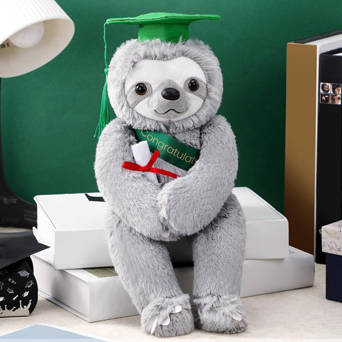 Plush Bear 10 Inch Stuffed Animal for Class of 2025 Graduation Gifts, Green Sloth with Clear PVC Bag