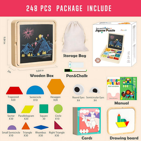 248 Set 4 5 6 7 8, Pcs Wooden Magnetic Pattern Block with Cards, Pen & Storage Bag, Montessori STEM Tangram Puzzle Toys
