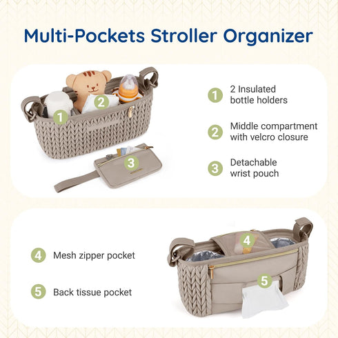 mommore Stroller Organizer with Insulated Cup Holders, Adjustable Stroller Caddy with Detachable Phone Bag, Stroller