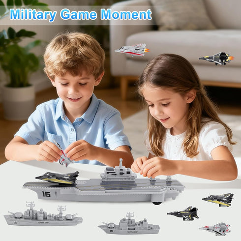 Set Model Military Naval Ship Aircraft Carrier Toy Play with Small Scale Model Planes, Battleship and Supply Ship