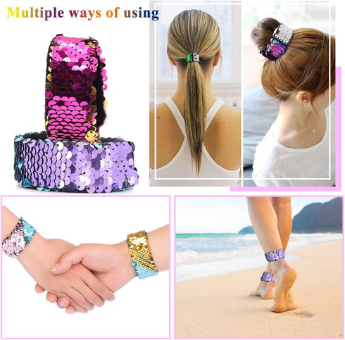 Childom 20 Pack Slap Bracelets - 2-Color Reversible Charm Bracelets with Sequins & Color Ball Head