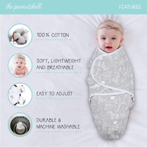 The Peanutshell Baby Swaddle Blankets, 3 Pack Wrap Set for Boys or Girls, Grey Safari Animals & Stars (Medium/Large)