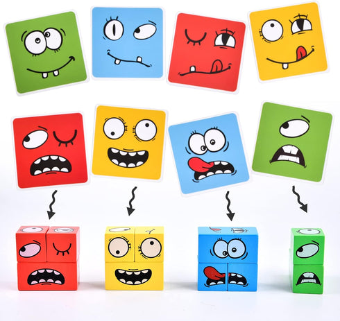 Wooden Face Changing Magic Cube Game - Expression Puzzle Building Blocks for Kids and Adults